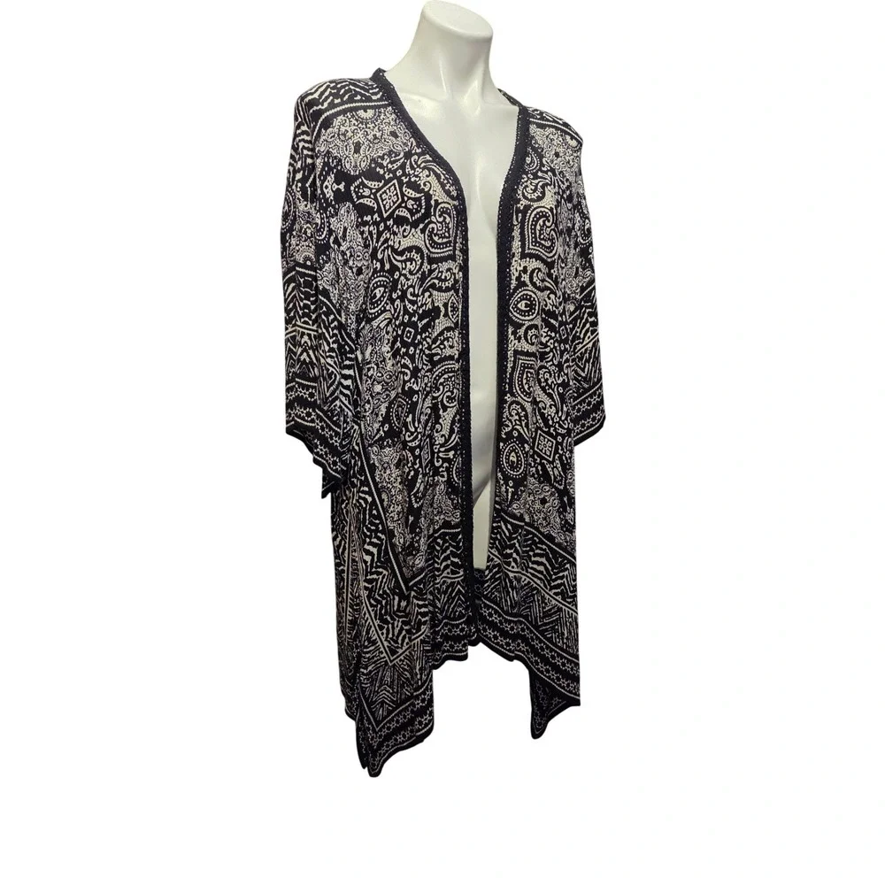 Bilo Black White Paisley Print Kimono Cardigan Open‎ Front Lightweight